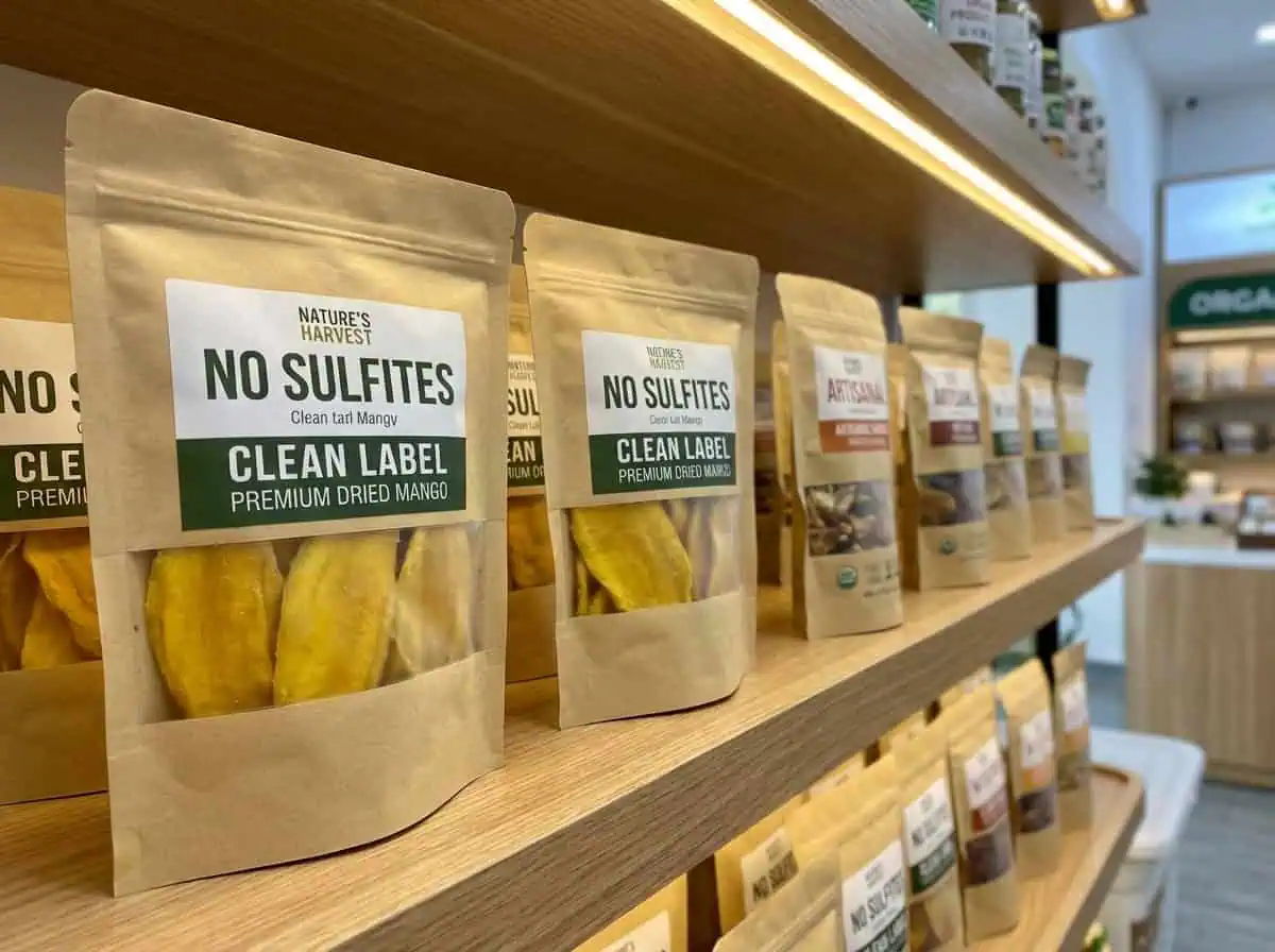 Clean Label Dried Mango Packaging Displayed On A High End Organic Retail Shelf