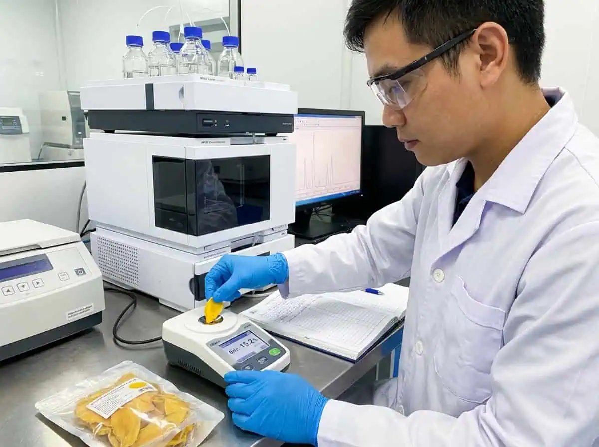 Quality Control Specialist Verifying Sugar Content Of Dried Mango In An ISO Certified Laboratory